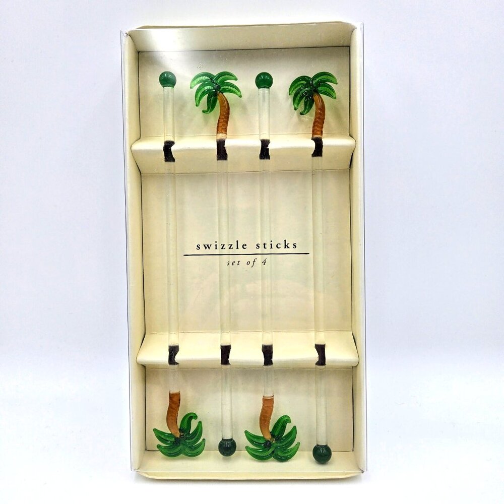 Pier 1 Imports Palm Tree Swizzle Sticks Glass Drink Stirrers Set Of 4 In Box